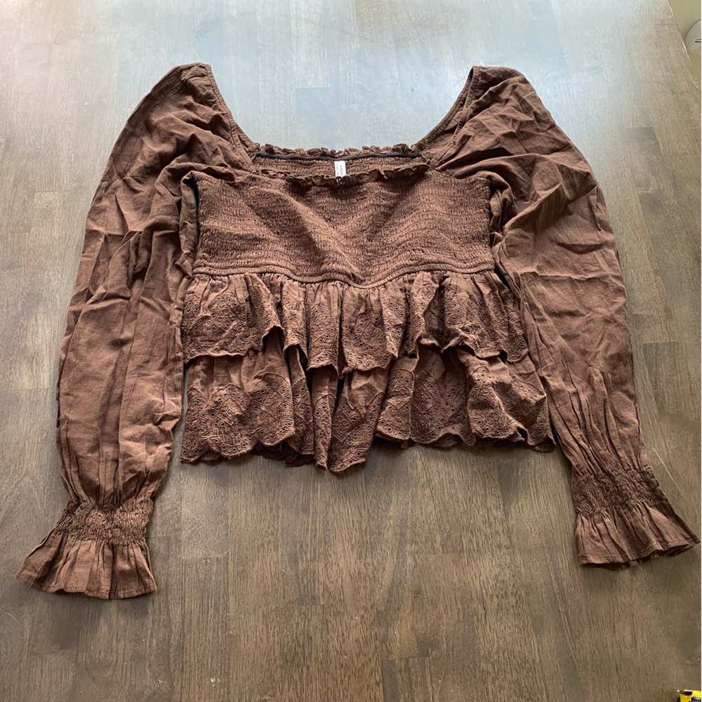 American Eagle brown Bell Sleeve Ruffle Blouse